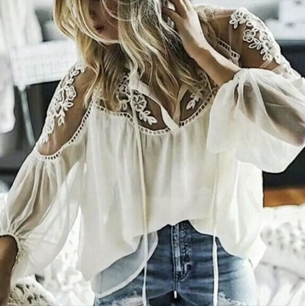 NEW Western Cottage Floral Embroidered Sheer Bishop Sleeve Gypsy Top Off White